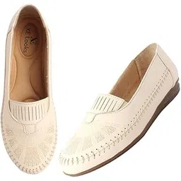 xe looks Women's Cream Laser Cut Floral Slip-On Loafers | Attractive, Stylish and Comfortable | Soft Faux Leather with Elastic Band for Easy Wear Loafers For Girls & Women-picture-18