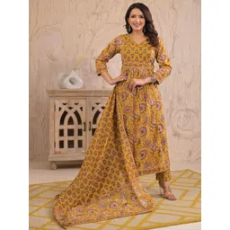 Xelov Floral Printed Pleated Pure Cotton Anarkali Kurta With Trousers & Dupatta-picture-10