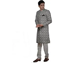 Men's Jacquard Indo Western Sherwani Set with Mandarin Collared Neck Long Sleeves One Pocket Button Closure Straight Length Kurta and Solid Pyjama-image-44