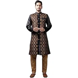 xepon Men's Heavy Jacquard Sherwani Set with Mandarin Collared Neck Long Sleeves One Pocket Button Closure Straight Length Kurta and Solid Pyjama-picture-36