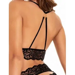 xivir Women's Floral Lace Lingerie Set with Bralette, Panty and Wrist Cuffs, Black image 2