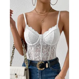 xivir Women's Floral Lace Sheer Mesh Corset Bodysuit Spaghetti Strap Cami Top image 3