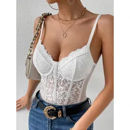 xivir Women's Floral Lace Sheer Mesh Corset Bodysuit Spaghetti Strap Cami Top image 4