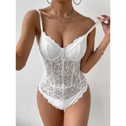 xivir Women's Floral Lace Sheer Mesh Corset Bodysuit Spaghetti Strap Cami Top image 5