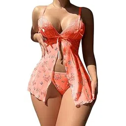 xivir Daisy Lace Babydoll Nightwear - Women's Floral Chemise Two-Piece with Lace Babydoll Lingerie Mesh Wedding Nightie Bridal Dress Honeymoon Valentine Nightdress Orange-picture-19