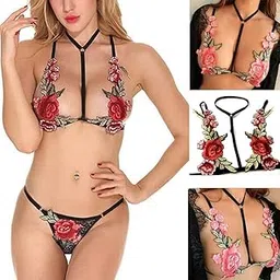 xivir Floral Embroidered Strappy Lingerie Set with Rose Applique, Black and Red, 2 Piece-picture-20