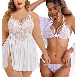 xivir Women Lingerie Satin Lace Chemise Nightgown Sexy Sleepwear Sling Dress Sexy Babydoll Lingerie Honeymoon/Anniversary Bridal Nightdress (Free Size, White)-picture-11