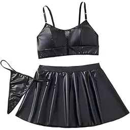 xivir Women Lingerie Set 3 Piece Black Sexy Baby Doll Crop Top & Mini Skirt with Panty Nightwear Chemise Bikini Babydoll Lingerie First Night Honeymoon Mini Sheer mesh Nightdress-picture-11