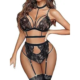xivir Women's Floral Lace Lingerie Set with Choker, 3 Piece Bralette and High Waist Garter Belt, Black-picture-13