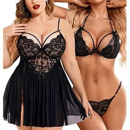 xivir Women's Satin Floral Above The Knee Night Gown (XivDes10BBby_Black_Free Size)-picture-21