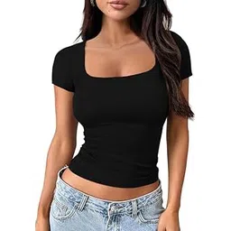 xolani Womens Square Neck Short Sleeve Crop Top Double Lined Slim Fitted Basic Tee Going Out Cute Summer T Shirt Trendy L2662 VK-picture-45