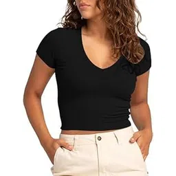 xolani Womens V Neck Short Sleeve Crop Top Double Lined Slim Fitted Basic Tee Going Out Cute Summer T Shirt Trendy X L2682 VK-picture-11