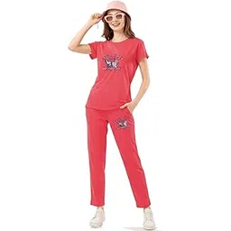 xoya Cotton Night Suit for Women – Printed T-Shirt & Pajama | Soft & Stylish Co-ord Set, Nightwear & Travel-picture-49