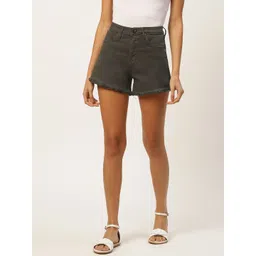 Xpose Women Olive Green Solid Regular Fit Denim Shorts-picture-32
