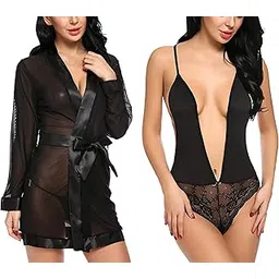 xs and os Women's Babydoll Lingerie Robe with Teddies Lace Lingerie (Combo)-picture-22