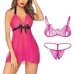 xs and os Women's Babydoll Nightwear with Lace Bra Panty Lingerie Set Combo (Free Size, Rose Pink)-picture-19