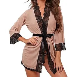 xs and os Women's Lace Mesh Belted Babydoll Robe with Panty-picture-26