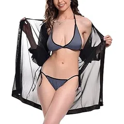 xs and os Women's Robe with Bikini Bra Panty Lingerie Set-picture-14