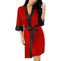 xs and os Women's Satin Babydoll Nightwear Robe with Contrast Colored Trim-picture-23