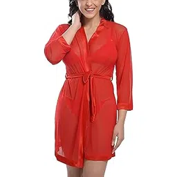 xs and os Women's Sheer Mesh Satin Bordered Nightwear Robe with Matching g-String Panty-picture-25