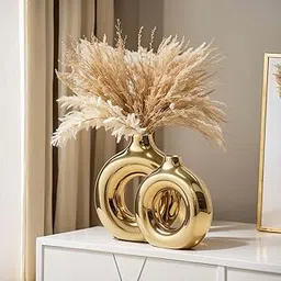 Xtore Metallic Gold Ceramic Donut Vases for Home Décor | Minimalist Aesthetic Decorative Vase for Living Room, Bedroom, Office, Shelf, Coffee Table, Dining Table - (Pack of 2, Grass not Included)-picture-39