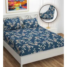 yaakholic Aqua Floral 280 TC Cotton Blend Fitted King Bedsheet with 2 Pillow Covers-picture-25