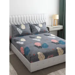 YaAkholic Beige & Blue Floral 210 TC King Bedsheet with 2 Pillow Covers-picture-27