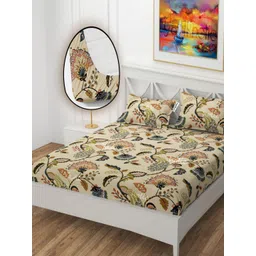 YaAkholic Beige & Green Floral Printed 210 TC Fitted King Bedsheet Set 1.82 m x 1.98 m-picture-10