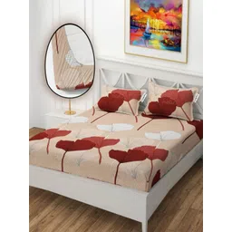 YaAkholic Beige & Red Floral 210 TC Fitted King Bedsheet Set 0.78 m x 0.72 m-picture-17