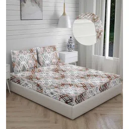 yaakholic Brown Geometric 220 TC Cotton Blend Fitted Queen Bedsheet with 2 Pillow Covers-picture-30