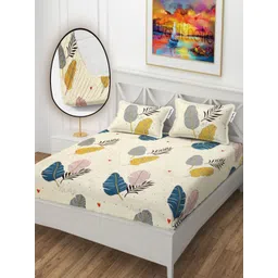 YaAkholic Cream & Blue Printed Microfiber 210 TC King Bedsheet Set 1.98m x 1.82m-picture-21