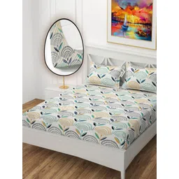 YaAkholic Cream & Green Floral Printed Microfiber 210 TC King Bedsheet Set 1.98m x 1.82m-picture-26