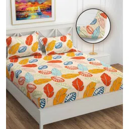 yaakholic Cream Floral 220 TC Cotton Blend Fitted Double Bedsheet With 2 Pillow Covers-picture-31