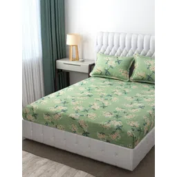 YaAkholic Green & Beige Floral Microfiber 210 TC Fitted King Bedsheet Set-1.98 m X 1.82 m-picture-29