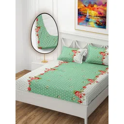 YaAkholic Green & Pink Floral 210 TC King Bedsheet with 2 Pillow Covers-picture-23