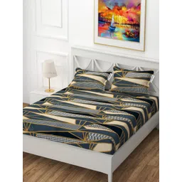 YaAkholic Grey & Gold-Toned Geometric 210 TC King Bedsheet with 2 Pillow Covers-picture-32