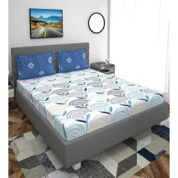 yaakholic White & Blue Floral 300 TC Cotton Blend Fitted Queen Bedsheet with 2 Pillow Covers-picture-27