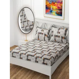 YaAkholic White & Brown Geometric Printed 210 TC King Bedsheet Set 1.98 m x1.8 m-picture-31