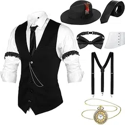 yahenda 1920s Men's Accessories Manhattan Fedora Clothing Costume Halloween Cosplay Outfit with Vest Hat Pocket WatchYahenda (X-Large)-picture-16