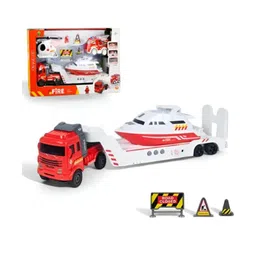 YAMAMA Die-cast Friction Powered City Rescue Fire Transport Car Trailer Truck Toys For Kids With Helicopter, Rescue Boat And Fire Transport Car - Multicolor-picture-24