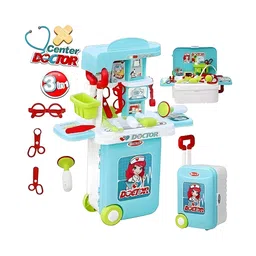 YAMAMA Role And Pretend Play Toys For Kids Doctor Set Suitcase On Wheel, Doctor Kit for Kids Doctor Nurse Medical Set 3 in 1 Vanity Table Portable Trolley Pretend Play Set Toy - Multicolor-picture-12