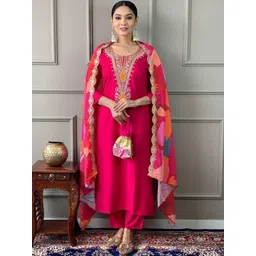 YAMUNE Women Ethnic Motifs Embroidered Regular Thread Work Kurta with Trousers & With Dupatta-picture-22