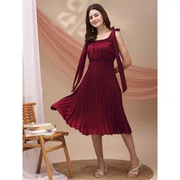 YANAMORA Women Shoulder Straps Accordion Pleats Crepe Fit & Flare Dress-picture-28