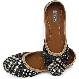 yash & co. Golden Beads & Mirror Jutti | Hand Crafted Women Jutti | Women Ethnic and Traditional Mojari Jutti | Elegant and Comfortable Jutti Bellie Black-picture-36