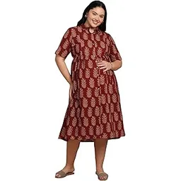 Women's Cotton Maternity Wear Plus Size Floral Buti Printed Dress (Maroon)-image-32