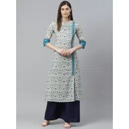 YASH GALLERY Beige & Blue Cotton Printed A Line Kurta-picture-44