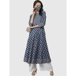 YASH GALLERY Blue Cotton Printed Flared Kurta-picture-24