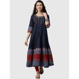 YASH GALLERY Navy Cotton Embroidered Flared Kurta-picture-33