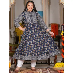 YASH GALLERY Plus Size Ethnic Motifs Printed Mandarin Collar Cotton Anarkali Kurta-picture-36