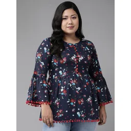 YASH GALLERY Plus Size Navy Blue & Red Floral Print Bell Sleeves A-Line Top-picture-20